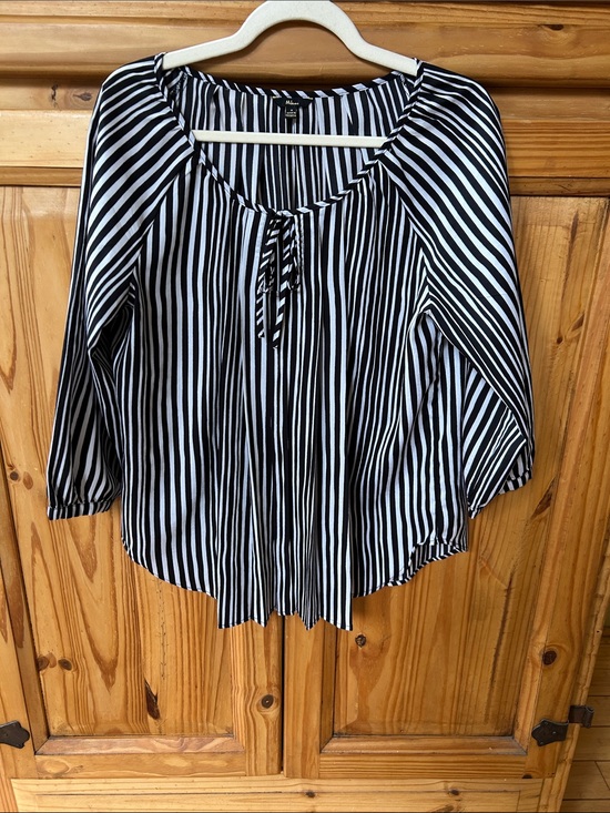 Milano Tops - Milano Top Striped Black & White Peasant Blouse‎ 3/4 Sleeves Lightweight